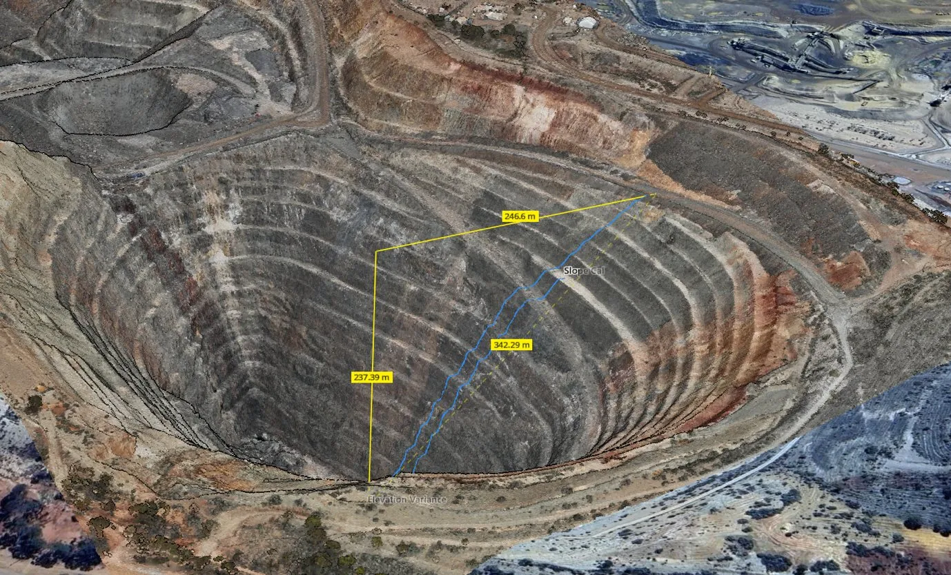 3D model of an open pit with width, depth and slope measurements drawn on it