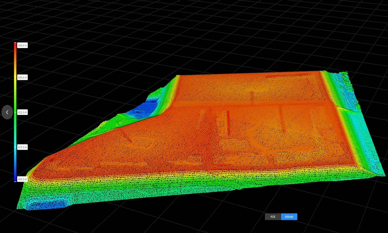 Elevation model of a tailings cell shaded from blue (low) to red (high)